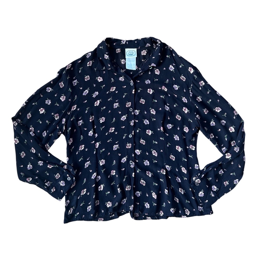 Vintage Laura Ashley Black Floral Wool Blend Button Up Blouse Size 10 coquette
